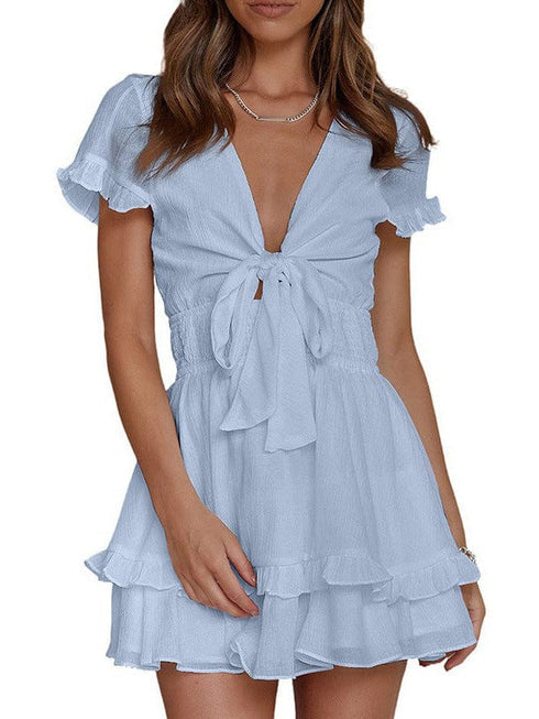 Strappy V-Neck A-Line Short-Sleeved Dress in Solid Colors for Women