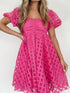Strawberry Pink Checkered Babydoll Dress with Puff Sleeves