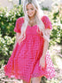 Strawberry Pink Checkered Babydoll Dress with Puff Sleeves