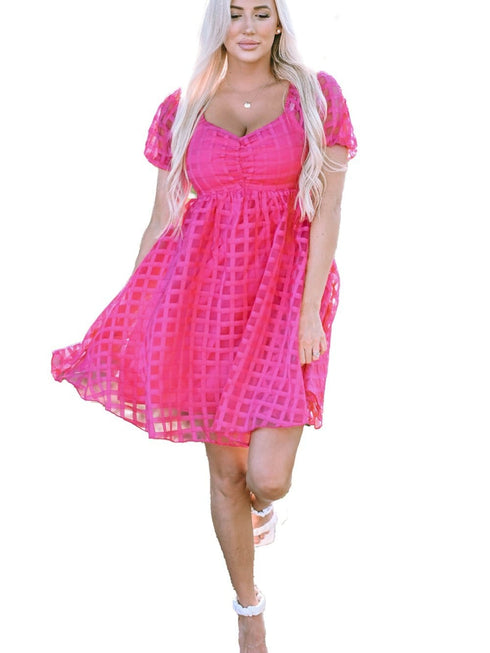 Strawberry Pink Checkered Babydoll Dress with Puff Sleeves