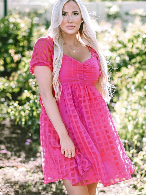 Strawberry Pink Checkered Babydoll Dress with Puff Sleeves