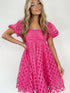 Strawberry Pink Checkered Babydoll Dress with Puff Sleeves