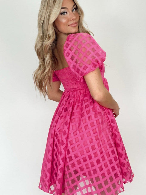 Strawberry Pink Checkered Babydoll Dress with Puff Sleeves
