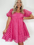 Strawberry Pink Checkered Babydoll Dress with Puff Sleeves