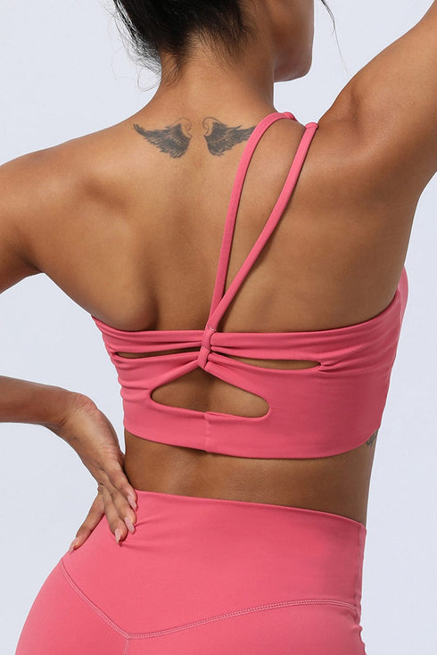 Strawberry Pink Cutout One Shoulder Sports Bra with Dual Straps