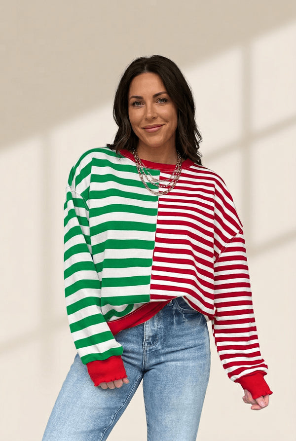 Women's Striped Color-Block Cotton Sweatshirt with Ruffled Cuffs