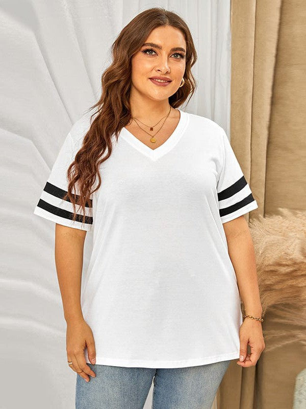 Striped Contrast Loose Fit V-neck T-shirt for Women in Plus Size