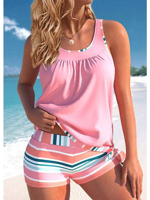 Striped Pink Tankini Swimsuit Set for Women