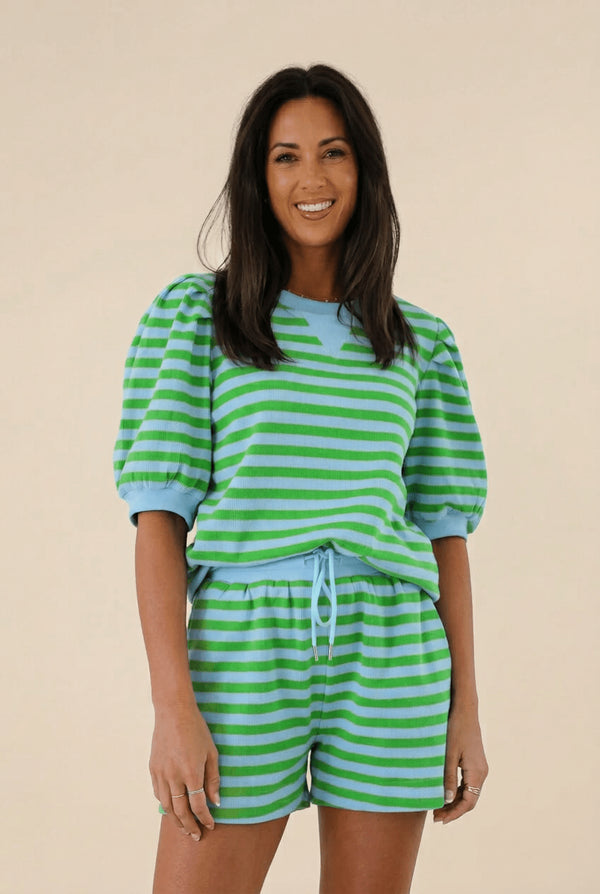 Women's Green Striped Puff Sleeve Short Set in Short Sets