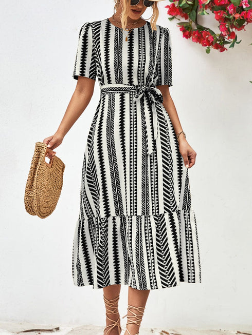Striped Tie Belt Round Neck Puff Sleeve Midi Dress