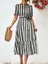 Striped Tie Belt Round Neck Puff Sleeve Midi Dress
