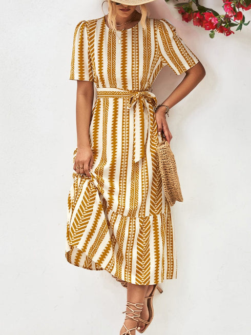 Striped Tie Belt Round Neck Puff Sleeve Midi Dress