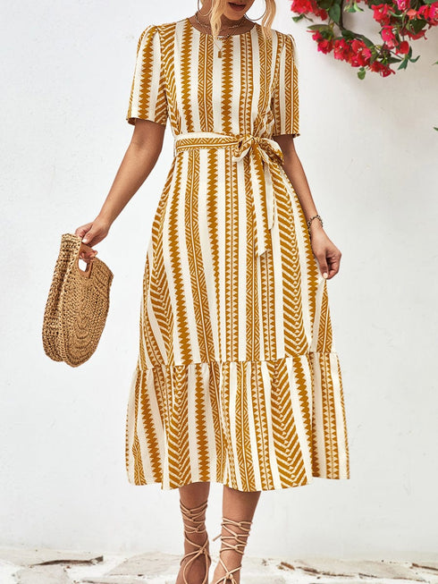 Striped Tie Belt Round Neck Puff Sleeve Midi Dress
