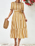 Striped Tie Belt Round Neck Puff Sleeve Midi Dress