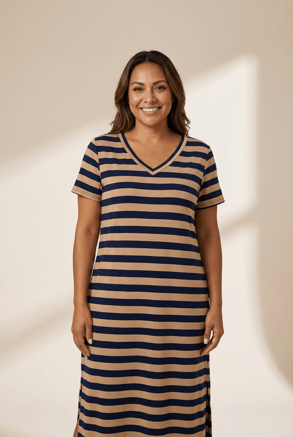 Striped V-Neck Maxi Dress with Side Slits in Camel & Navy