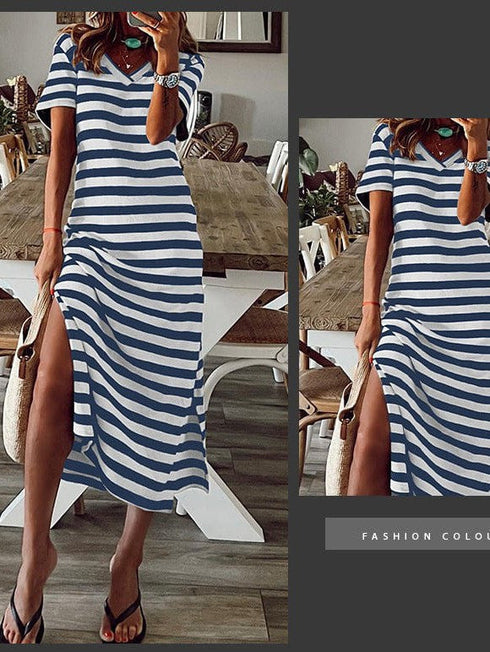 Striped V-Neck Slimming Midi Dress with Short Sleeves