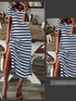 Striped V-Neck Slimming Midi Dress with Short Sleeves