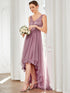 Stunning Sequin Applique High-Low V Neck Tulle Prom Dress