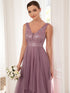 Stunning Sequin Applique High-Low V Neck Tulle Prom Dress