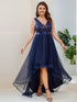 Stunning Sequin Applique High-Low V Neck Tulle Prom Dress