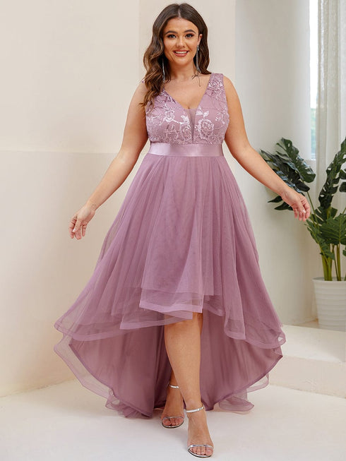 Stunning Sequin Applique High-Low V Neck Tulle Prom Dress