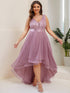 Stunning Sequin Applique High-Low V Neck Tulle Prom Dress