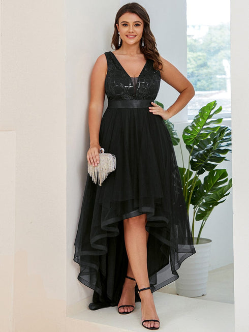 Stunning Sequin Applique High-Low V Neck Tulle Prom Dress