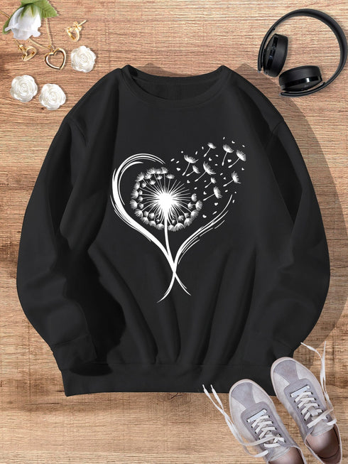 Stylish Black Dandelion Print Winter Sweatshirt with Retro Vibes