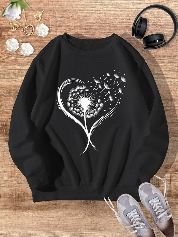 Stylish Black Dandelion Print Winter Sweatshirt with Retro Vibes