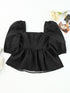 Stylish Black Square Neck Peplum Top with Textured Puff Sleeves