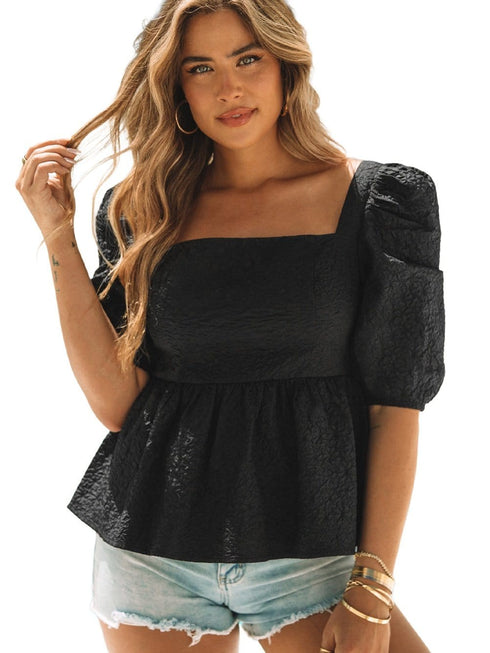 Stylish Black Square Neck Peplum Top with Textured Puff Sleeves