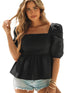 Stylish Black Square Neck Peplum Top with Textured Puff Sleeves