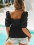 Stylish Black Square Neck Peplum Top with Textured Puff Sleeves