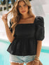 Stylish Black Square Neck Peplum Top with Textured Puff Sleeves