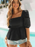 Stylish Black Square Neck Peplum Top with Textured Puff Sleeves