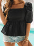Stylish Black Square Neck Peplum Top with Textured Puff Sleeves