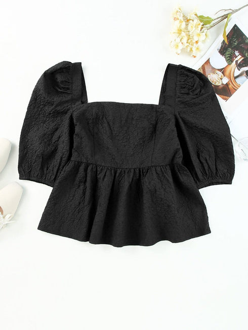 Stylish Black Square Neck Peplum Top with Textured Puff Sleeves