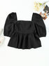 Stylish Black Square Neck Peplum Top with Textured Puff Sleeves