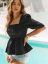 Stylish Black Square Neck Peplum Top with Textured Puff Sleeves