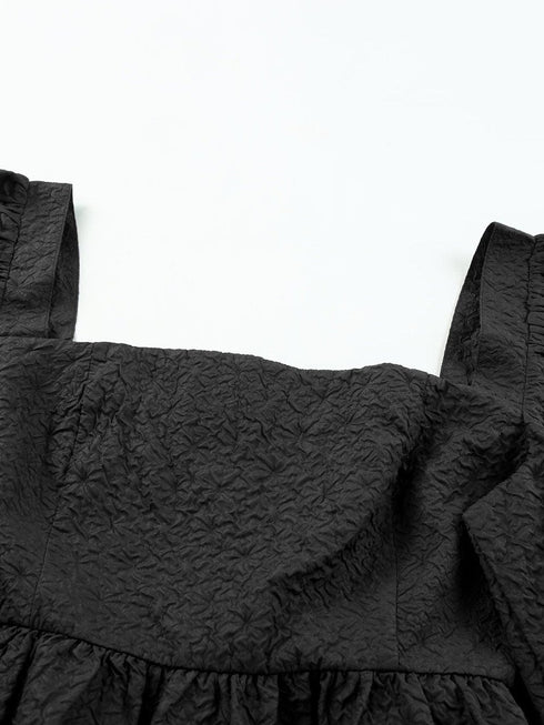 Stylish Black Square Neck Peplum Top with Textured Puff Sleeves