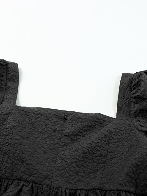Stylish Black Square Neck Peplum Top with Textured Puff Sleeves