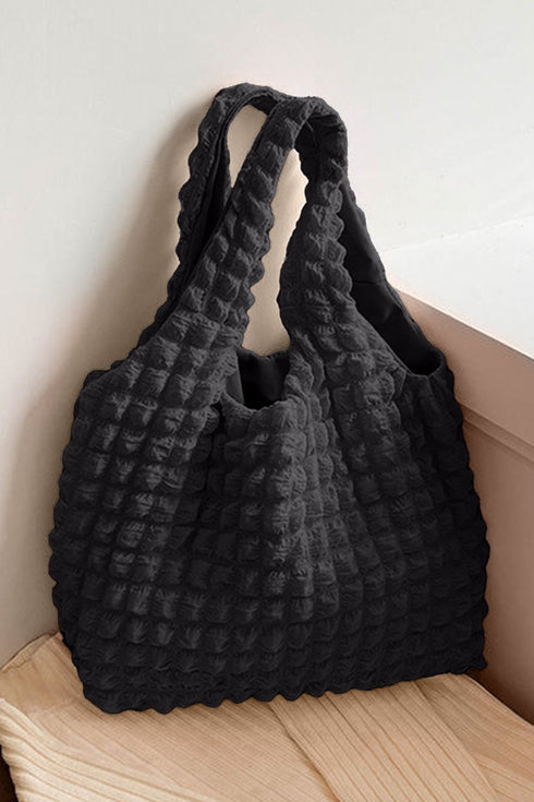 Black Solid Color Puffy Textured Tote Bag