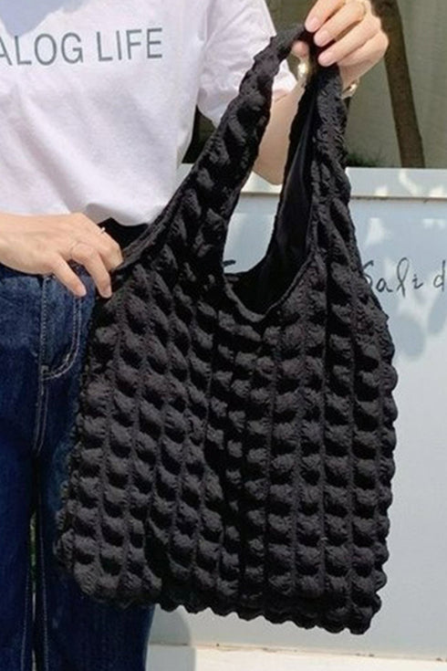 Black Solid Color Puffy Textured Tote Bag