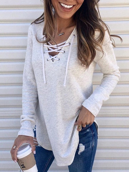Stylish Comfortable Solid Color Tie Loose Casual V-Neck T-Shirt