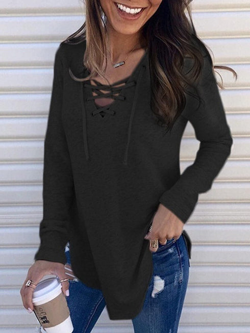 Stylish Comfortable Solid Color Tie Loose Casual V-Neck T-Shirt