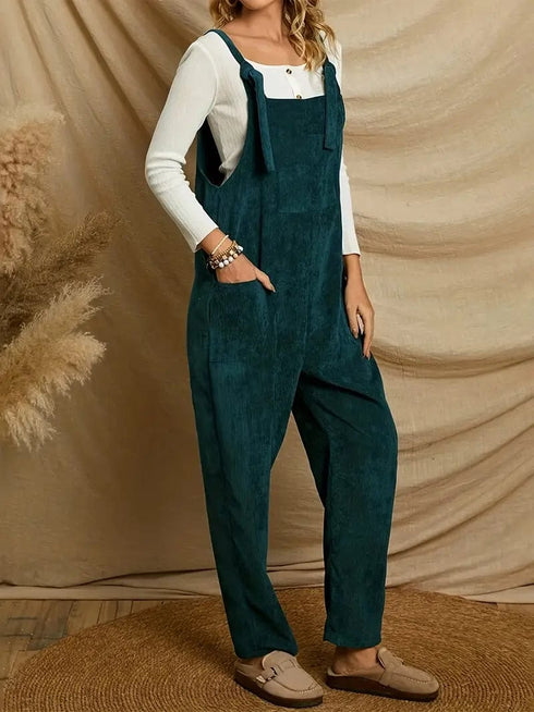 Stylish Corduroy Overall Jumpsuit with Patched Pockets for Women’s Spring & Autumn Wardrobe