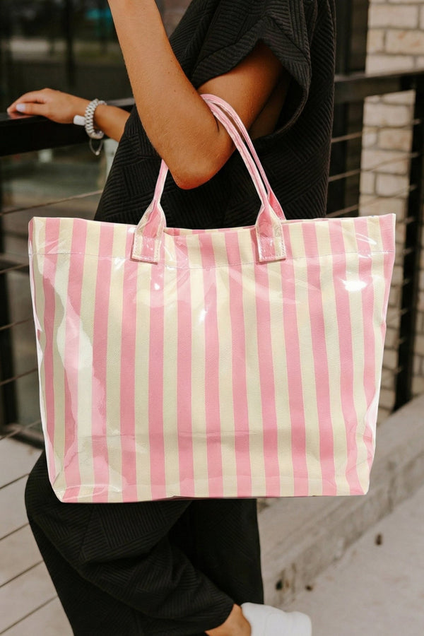 Women's Stylish Pink Striped Tote Bag for Women - Glossy Finish, Spacious Design, Ideal for Daily Use and Chic Outings