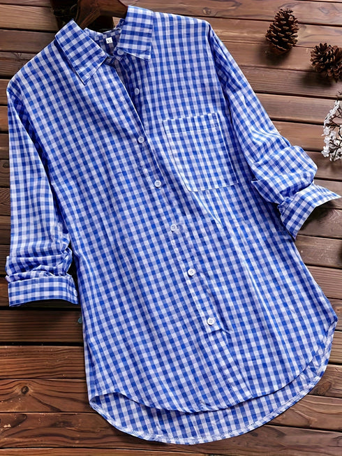 Stylish Plus Size Gingham Print Collared Blouse for Women