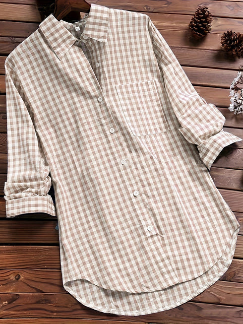 Stylish Plus Size Gingham Print Collared Blouse for Women