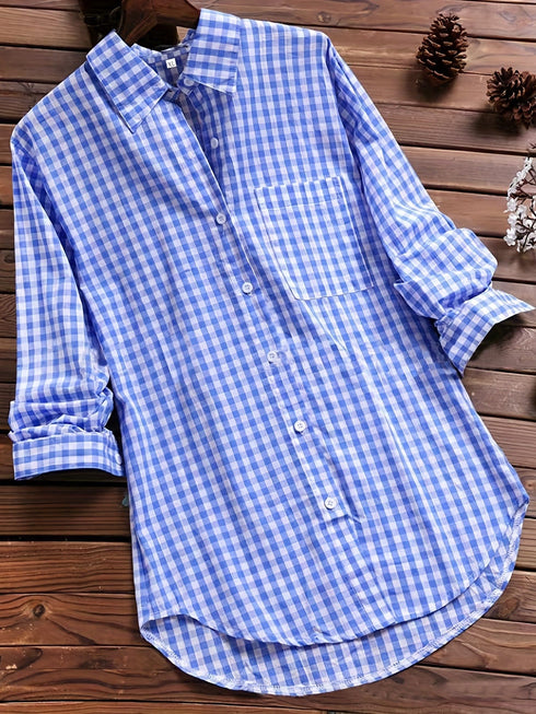 Stylish Plus Size Gingham Print Collared Blouse for Women